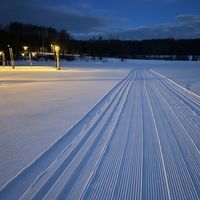 Cross country ski trail lit up at night.