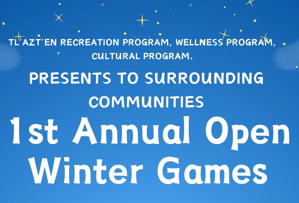 Blue background with text, 1st Annual Open Winter Games.