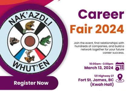 Nak'azdli Whut'en logo. Text reads, Register Now for Career Fair 2024.