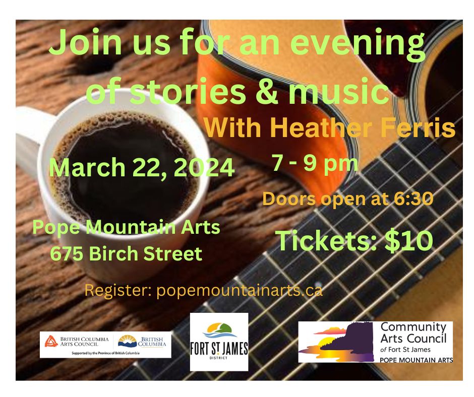 A cup of coffee and a guitar with event details superimposed over image.