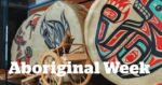 Three moose hide drums with Indigenous artwork.