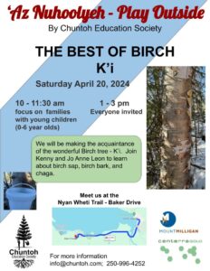 Birch tree, birch sap bucket, and map to the Nyan Wheti Trail south of Fort St. James, BC.