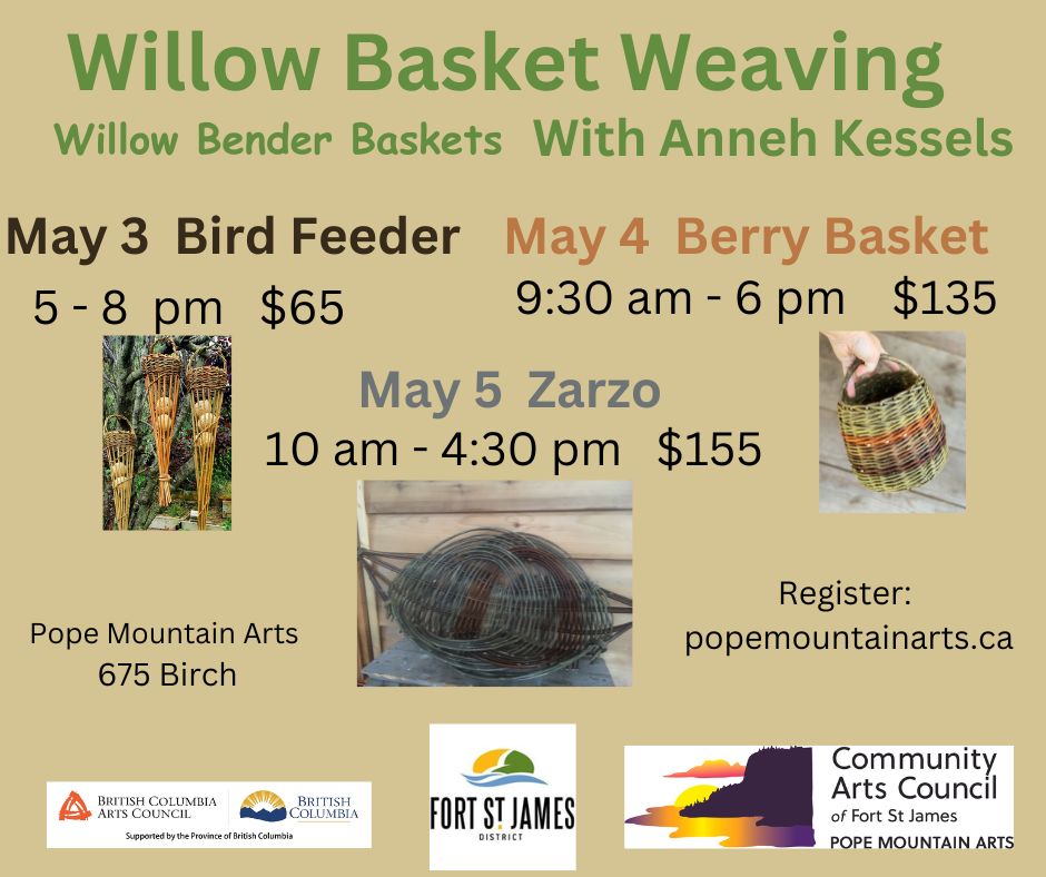 Woven willow bird feeder, berry basket and zarzo basket.