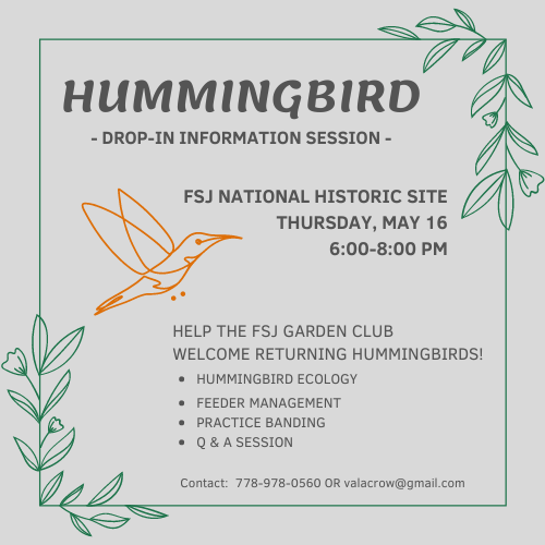 Line drawing of hummingbird with event details.