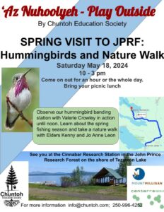 Male Calliope hummingbird and map to the Cinnabar Research Station on Tezzeron Lake.