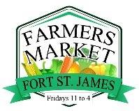 Variety of colourful, fresh fruit and veg with the Fort St. James Farmers Market logo.