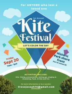 Three kites in primary of colours of blue, green and red against a blue sky.