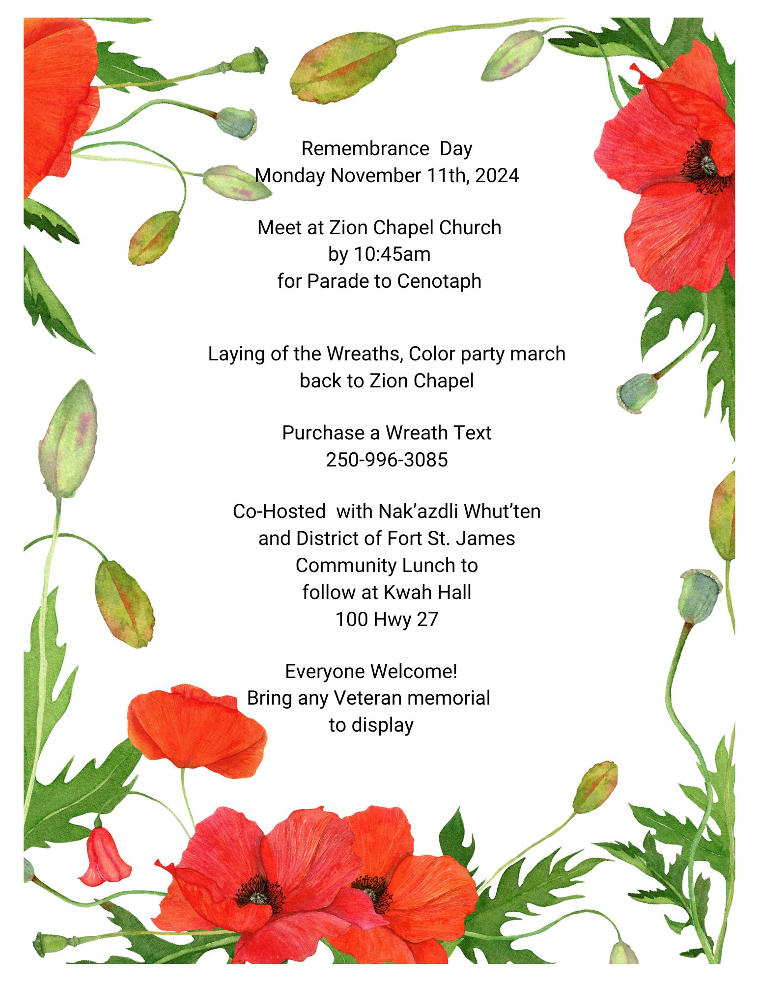 Colourful poppies surrounding event details.