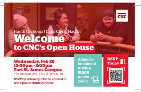 An announcement for CNC's Open House features three people around a table near the top, event details, and RSVP information for a chance to win prizes.